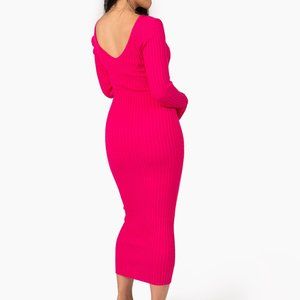 Hot Pink Ribbed Knit Dress with V-Neck
